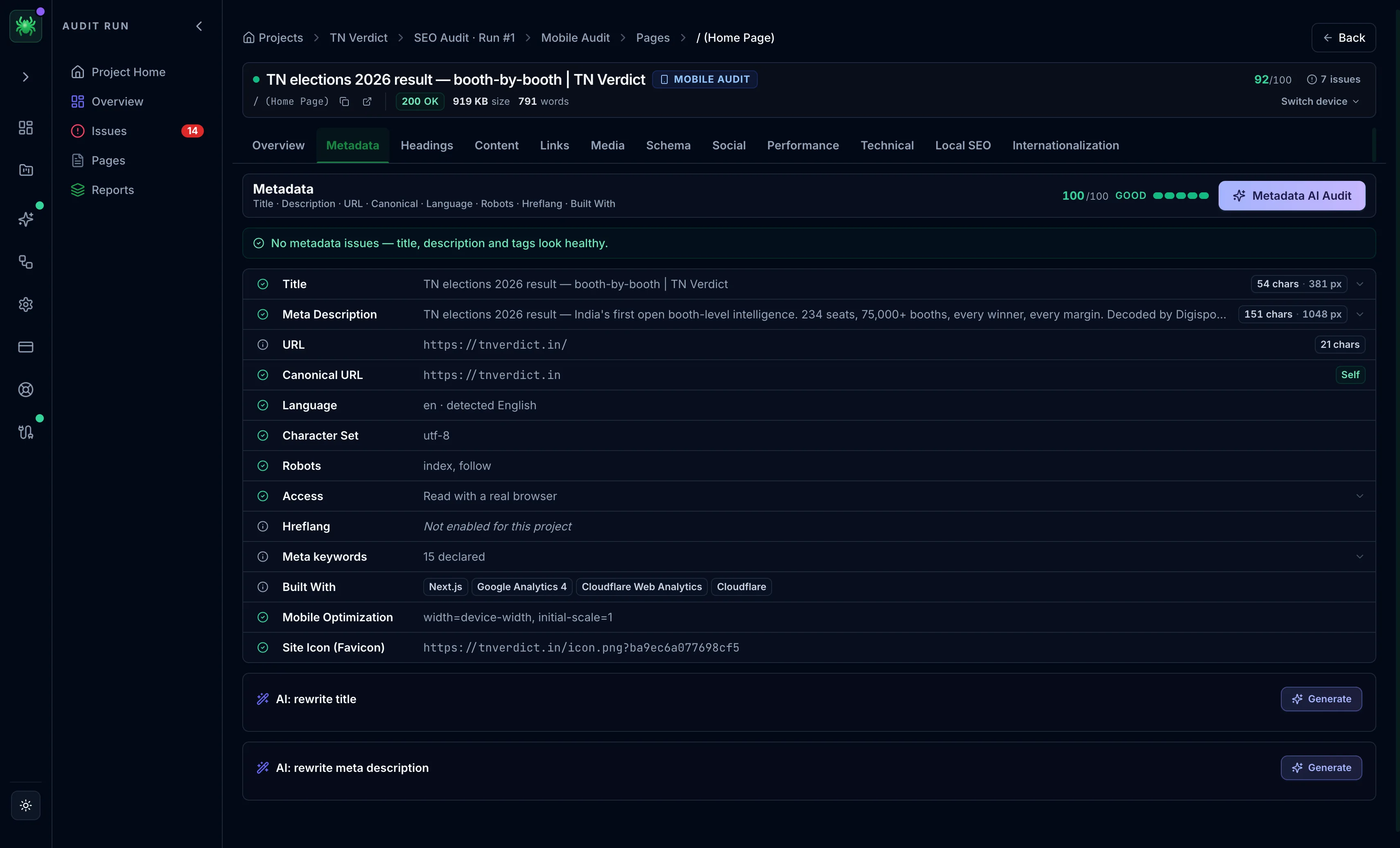 Spider Metadata tab with the title, description, canonical, and robots field grid