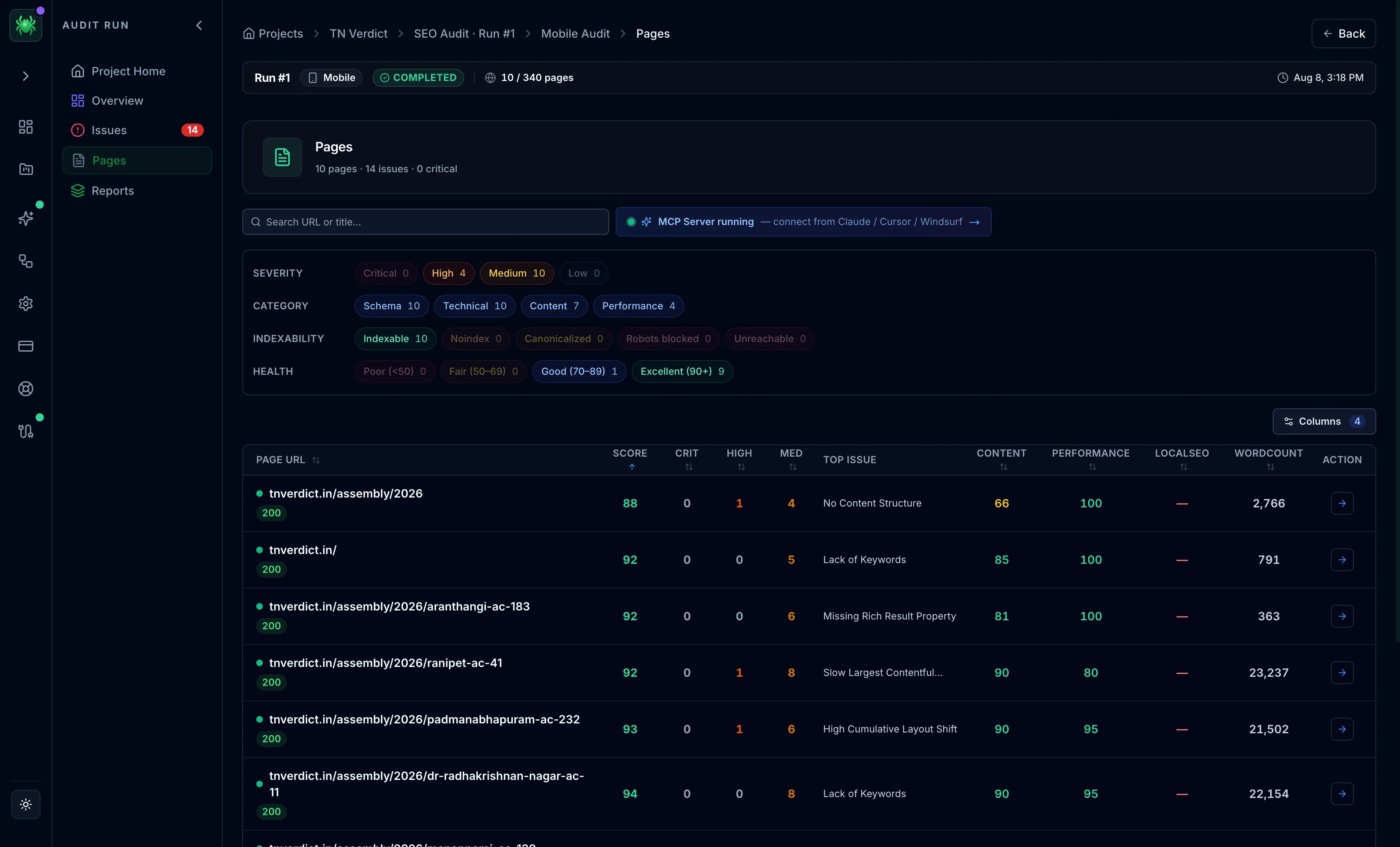 Spider Pages tab listing crawled URLs with score columns and filters