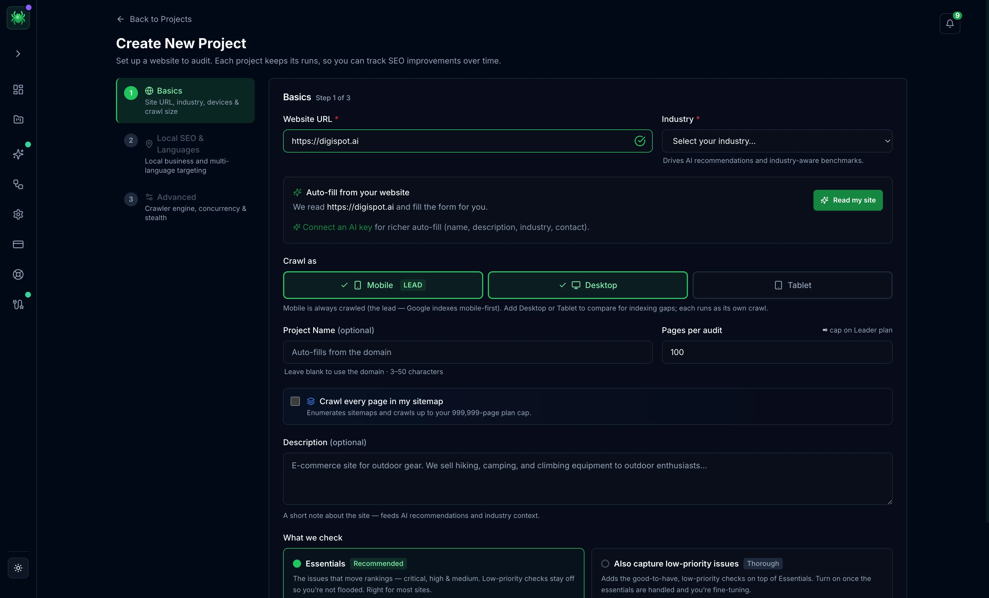 The Create New Project wizard on the Basics step, with Website URL, Industry, an auto-fill prompt, Crawl-as device toggles, project name, pages per audit, and the Essentials vs low-priority check options