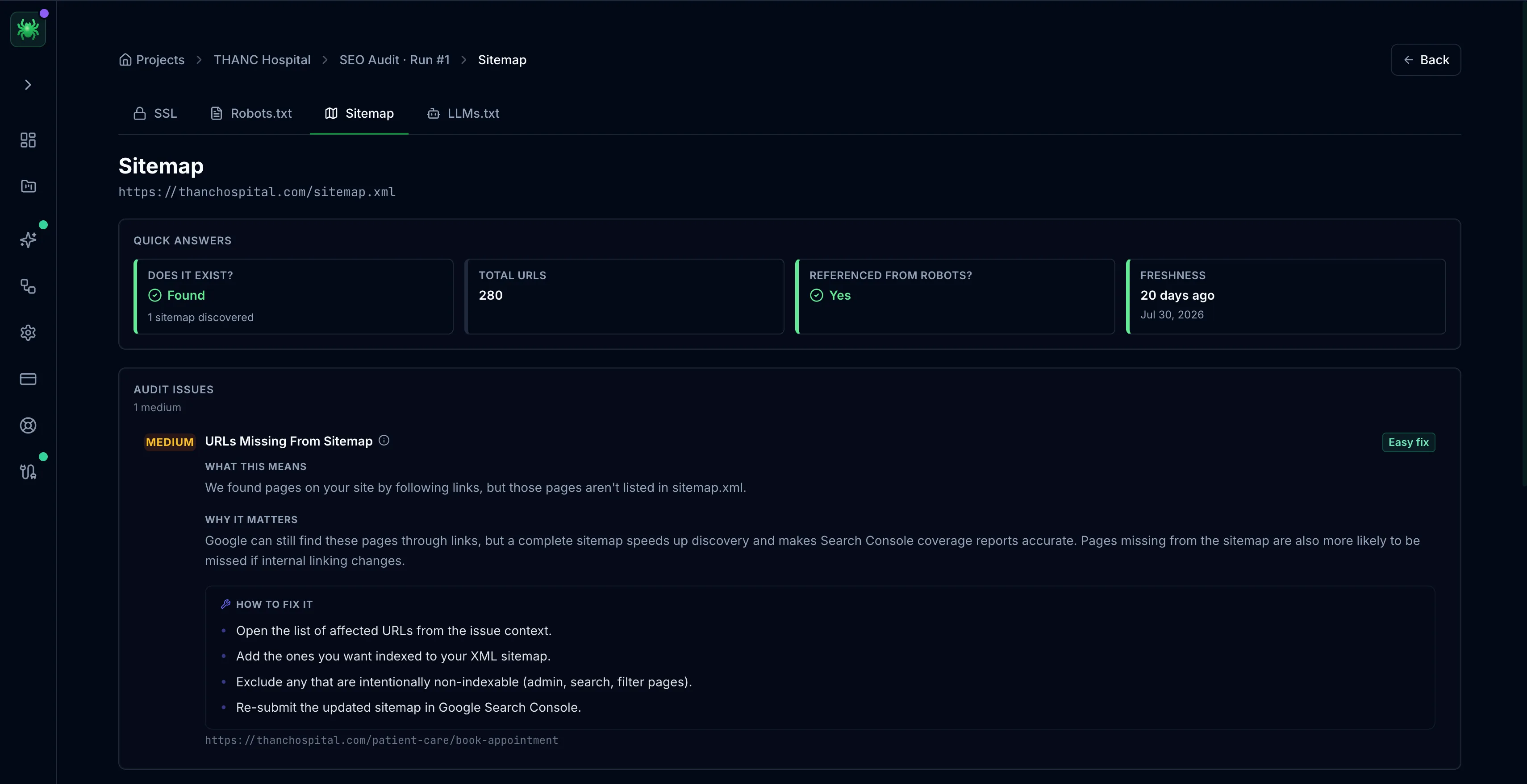 The Site health Sitemap tab with quick-answer cards for existence, total URLs, robots reference, and freshness, above an audit issue flagging URLs found by crawling that are missing from sitemap.xml