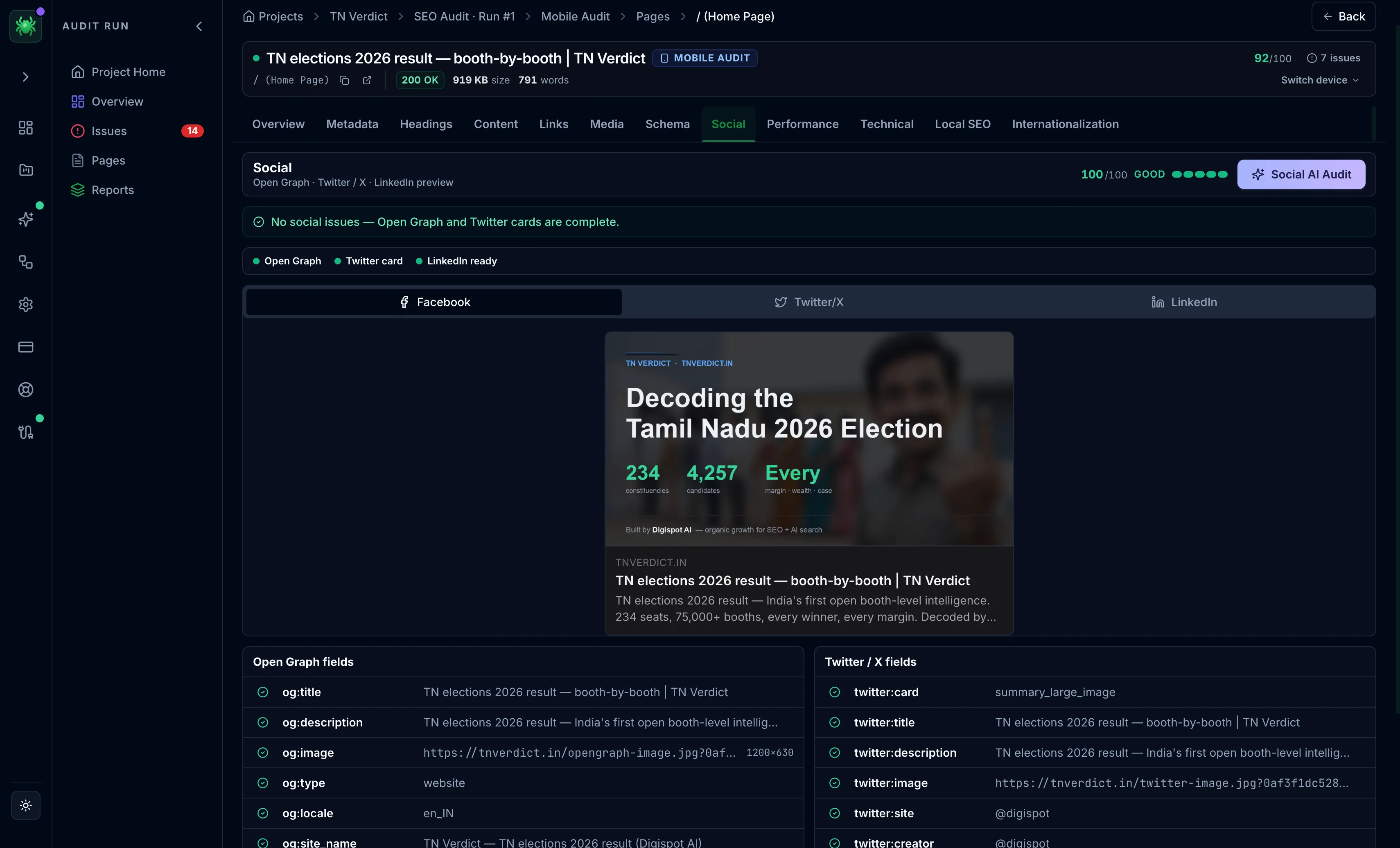 Spider Social tab with Open Graph and Twitter validation and share previews