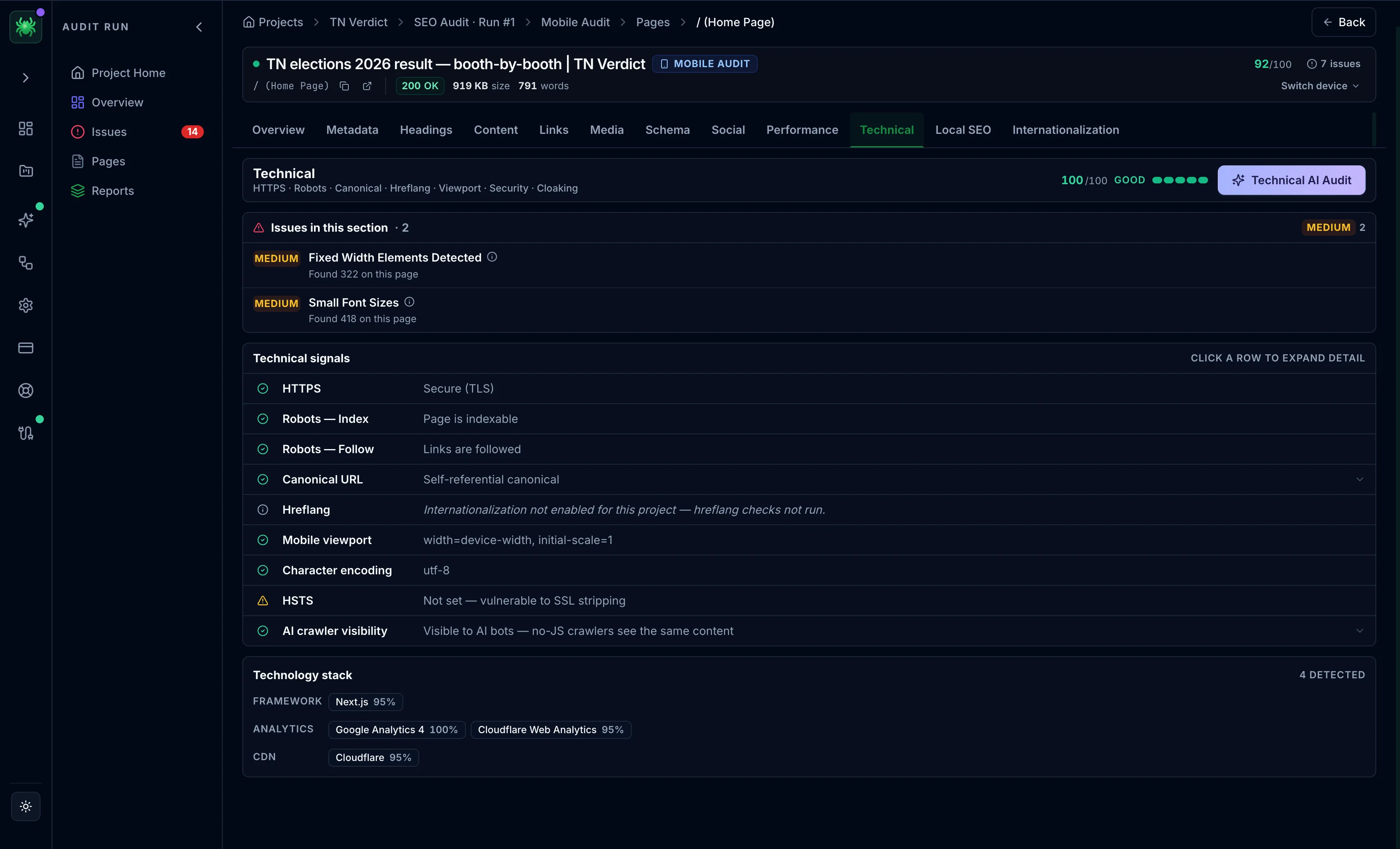 Spider Technical tab with HTTPS, security headers, cloaking check, and tech stack