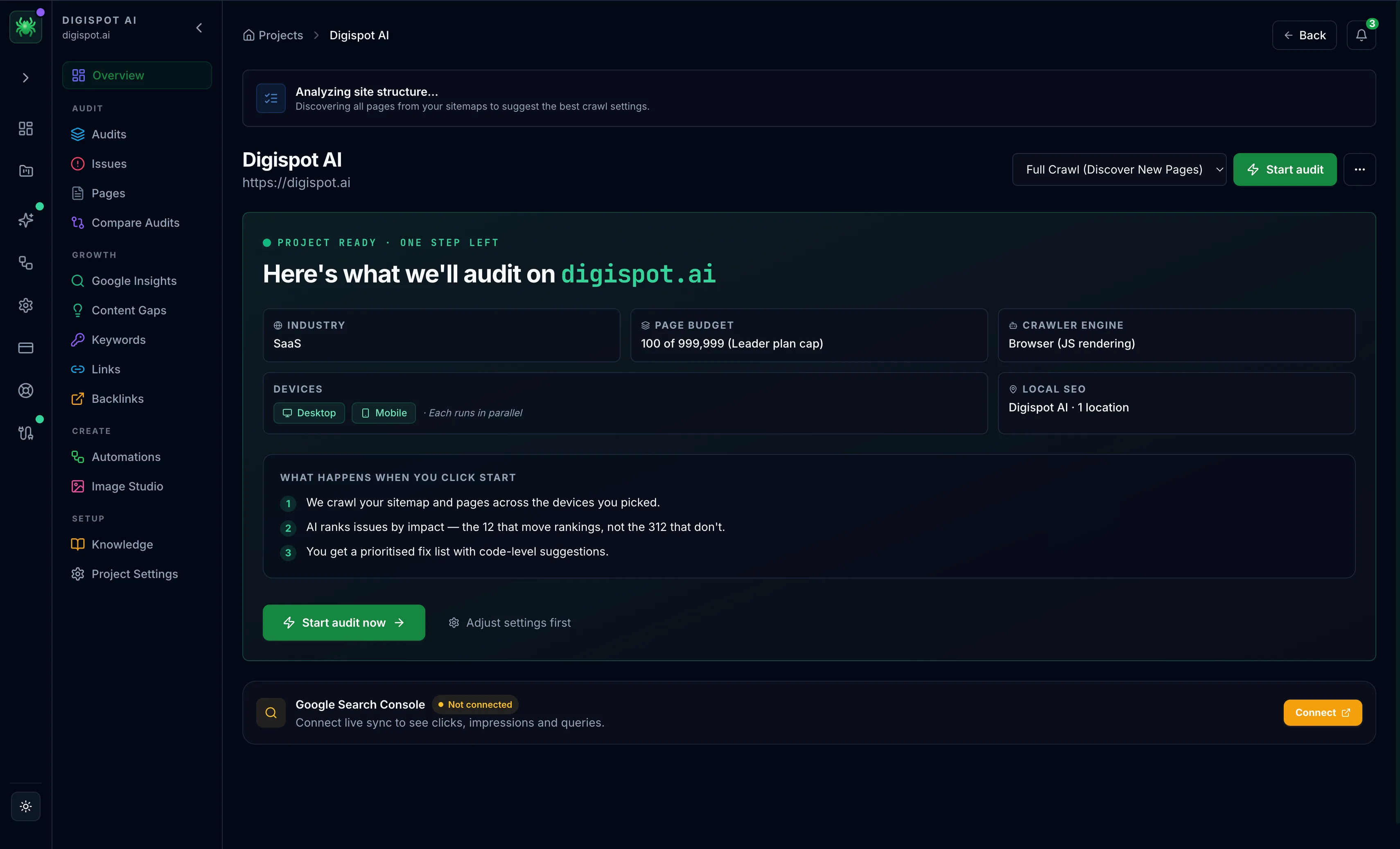 The 'Here's what we'll audit on digispot.ai' welcome screen, with a readback of industry, page budget, crawler engine, devices, and local SEO, and 'Start audit now' and 'Adjust settings first' buttons